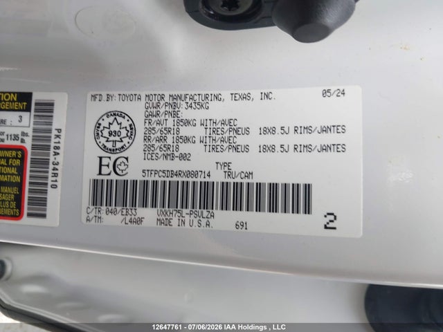 Продажа на аукционе авто 2024 Toyota Tundra Hybrid Limited 4x4, vin: 5TFPC5DB4RX080714, номер лота: 12647761