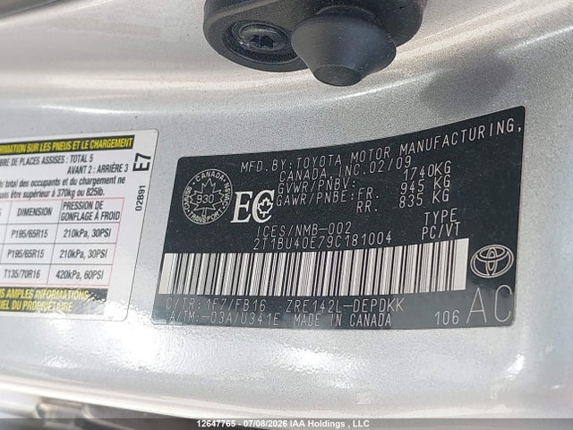 2009 Toyota Corolla მანქანა იყიდება აუქციონზე, vin: 2T1BU40E79C181004, აუქციონის ნომერი: 12647765