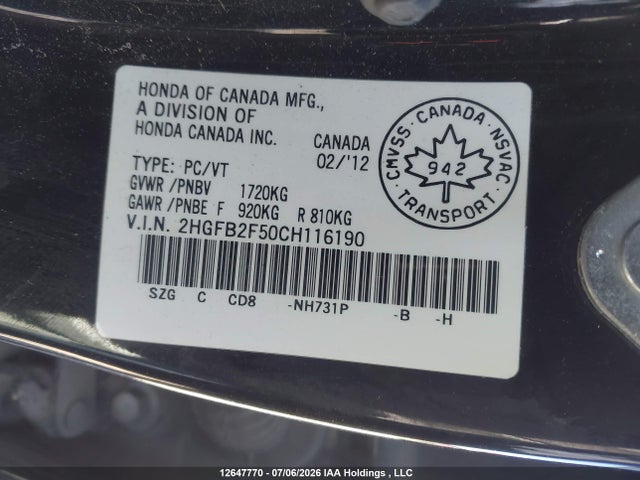 Aukcja sprzedaży 2012 Honda Civic Ex 4dr, vin: 2HGFB2F50CH116190, numer aukcji: 12647770