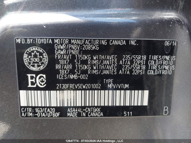 2T3DFREV5EW201002 Toyota Rav4 Limited