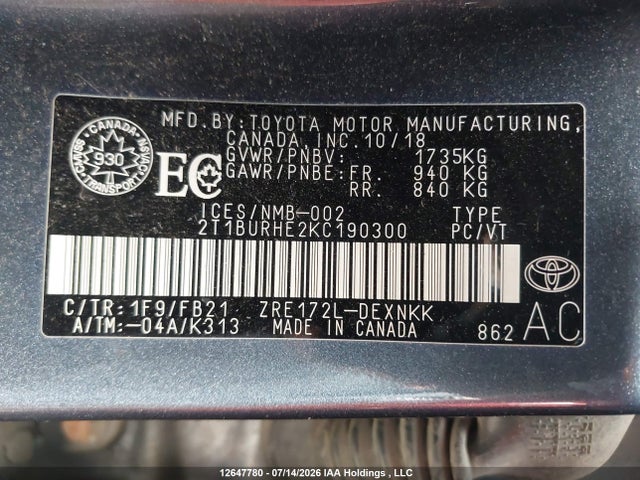 Aukcja sprzedaży 2019 Toyota Corolla Le, vin: 2T1BURHE2KC190300, numer aukcji: 12647780