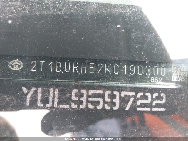 Aukcja sprzedaży 2019 Toyota Corolla Le, vin: 2T1BURHE2KC190300, numer aukcji: 12647780
