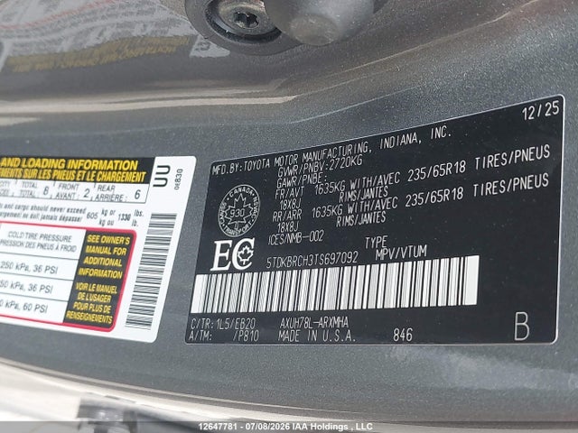Продаж на аукціоні авто 2026 Toyota Highlander Hybrid Hybrid, vin: 5TDKBRCH3TS697092, номер лоту: 12647781