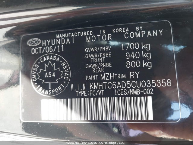 12647786 :رقم المزاد ، KMHTC6AD5CU035358 vin ، 2012 Hyundai Veloster مزاد بيع