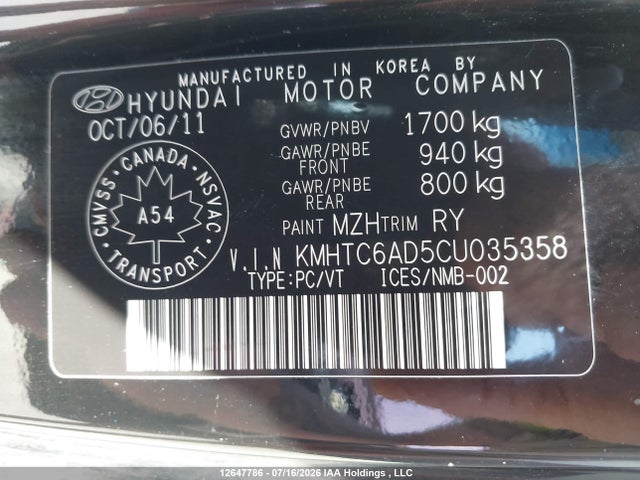 12647786 :رقم المزاد ، KMHTC6AD5CU035358 vin ، 2012 Hyundai Veloster مزاد بيع