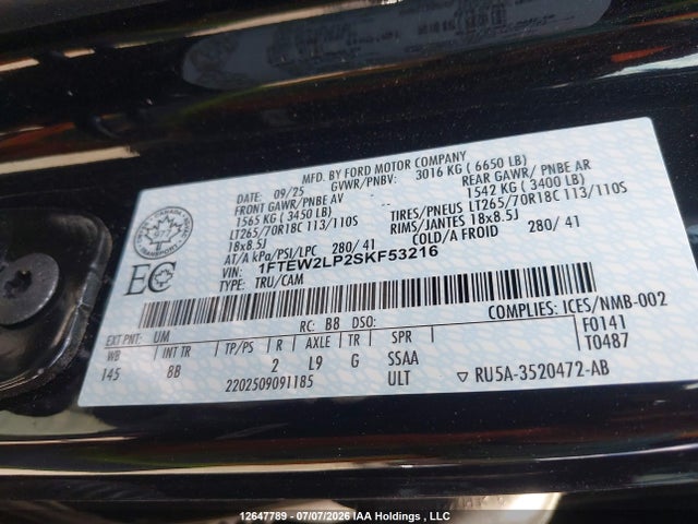 Aukcja sprzedaży 2025 Ford F-150, vin: 1FTEW2LP2SKF53216, numer aukcji: 12647789