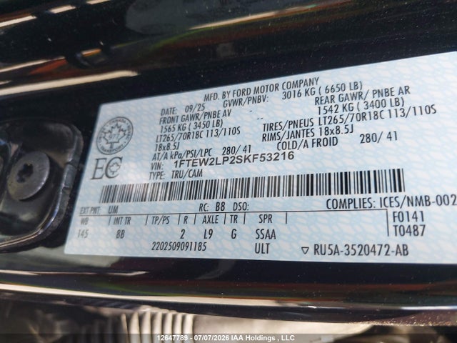 Aukcja sprzedaży 2025 Ford F-150, vin: 1FTEW2LP2SKF53216, numer aukcji: 12647789