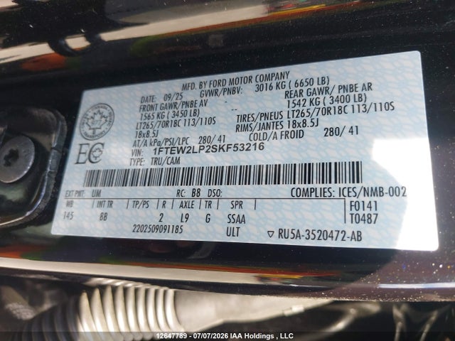 Aukcja sprzedaży 2025 Ford F-150, vin: 1FTEW2LP2SKF53216, numer aukcji: 12647789