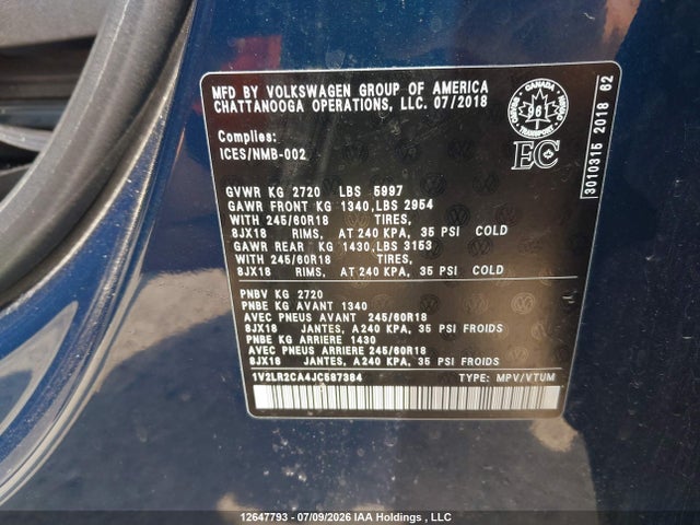 2018 Volkswagen Atlas 3.6 Fsi Comfortline მანქანა იყიდება აუქციონზე, vin: 1V2LR2CA4JC587384, აუქციონის ნომერი: 12647793