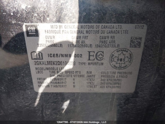 2013 Gmc Terrain Sle მანქანა იყიდება აუქციონზე, vin: 2GKALMEK2D6104889, აუქციონის ნომერი: 12647795