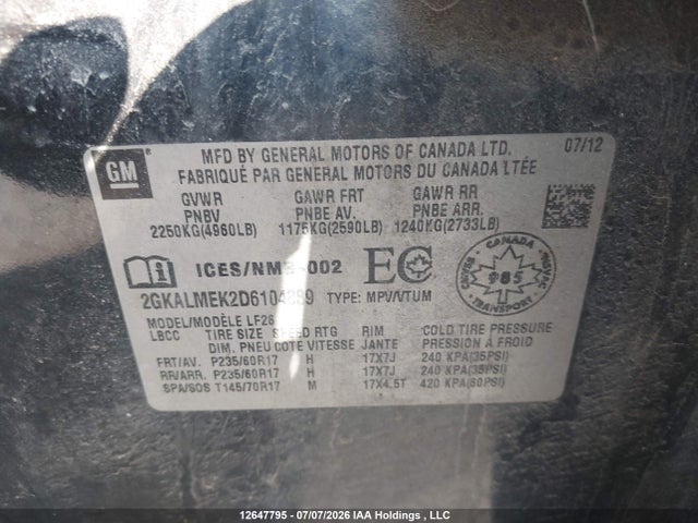2013 Gmc Terrain Sle მანქანა იყიდება აუქციონზე, vin: 2GKALMEK2D6104889, აუქციონის ნომერი: 12647795