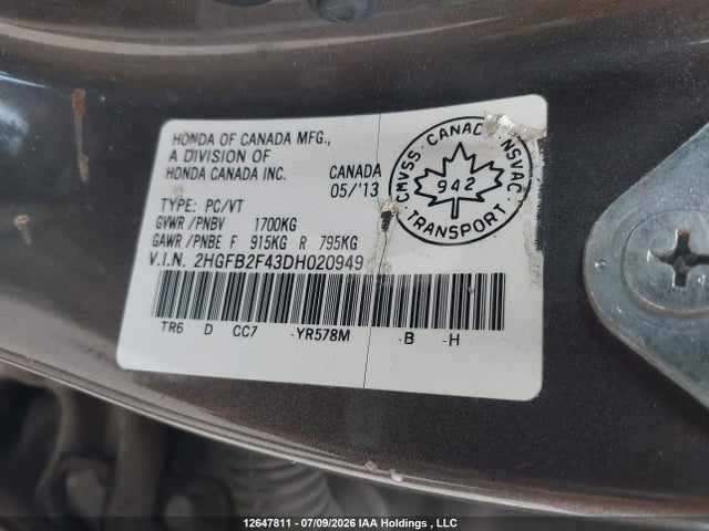 12647811 :رقم المزاد ، 2HGFB2F43DH020949 vin ، 2013 Honda Civic Lx مزاد بيع