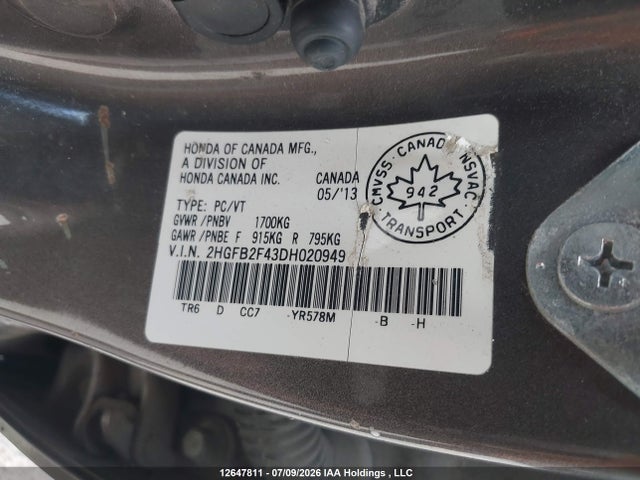 12647811 :رقم المزاد ، 2HGFB2F43DH020949 vin ، 2013 Honda Civic Lx مزاد بيع