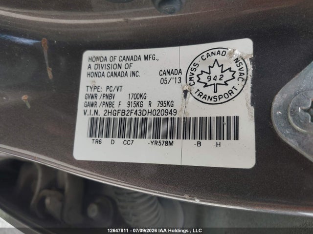 12647811 :رقم المزاد ، 2HGFB2F43DH020949 vin ، 2013 Honda Civic Lx مزاد بيع