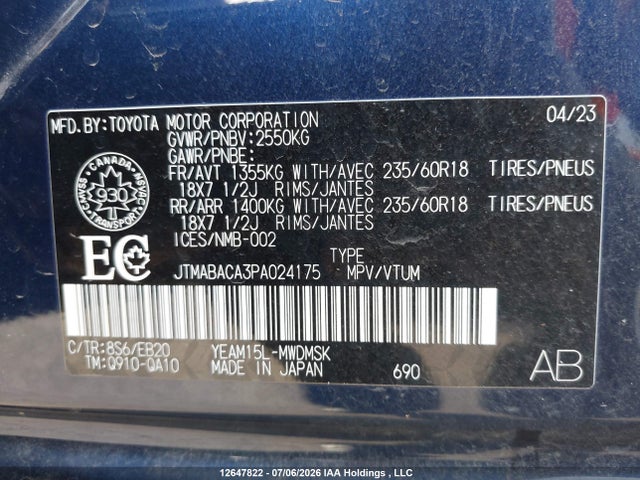 12647822 :رقم المزاد ، JTMABACA3PA024175 vin ، 2023 Toyota Bz4x Xle مزاد بيع
