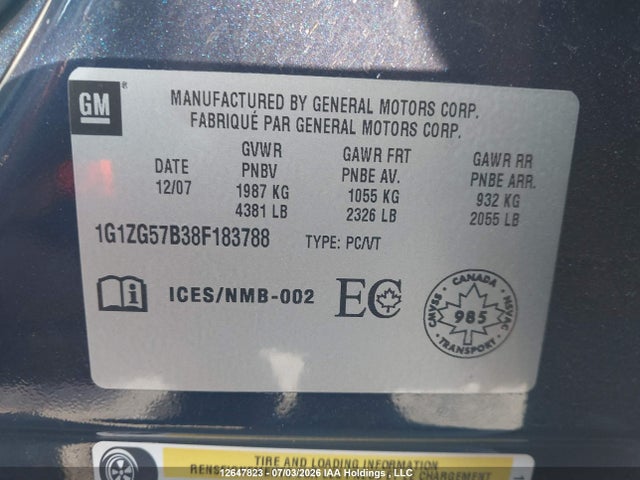 2008 Chevrolet Malibu Ls მანქანა იყიდება აუქციონზე, vin: 1G1ZG57B38F183788, აუქციონის ნომერი: 12647823