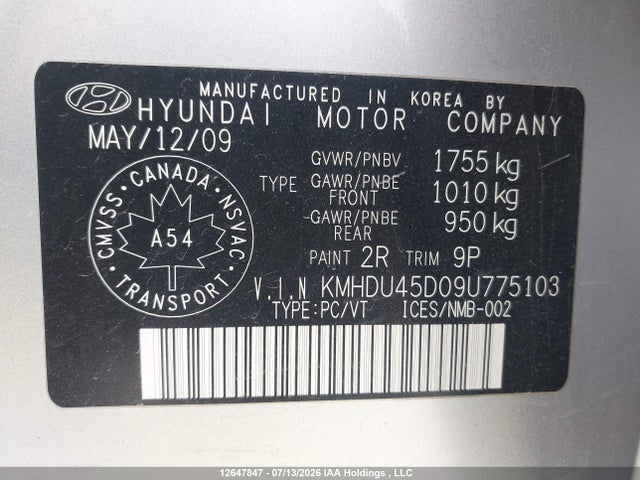 Aukcja sprzedaży 2009 Hyundai Elantra, vin: KMHDU45D09U775103, numer aukcji: 12647847