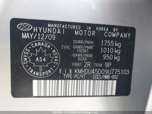 Aukcja sprzedaży 2009 Hyundai Elantra, vin: KMHDU45D09U775103, numer aukcji: 12647847