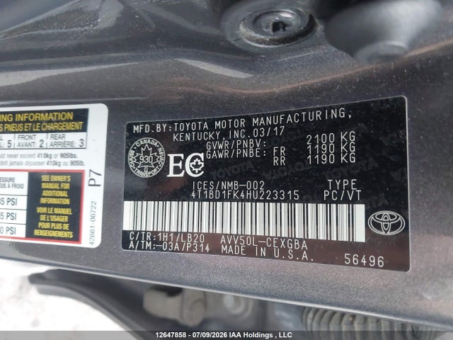 Продаж на аукціоні авто 2017 Toyota Camry Hybrid Xle, vin: 4T1BD1FK4HU223315, номер лоту: 12647858