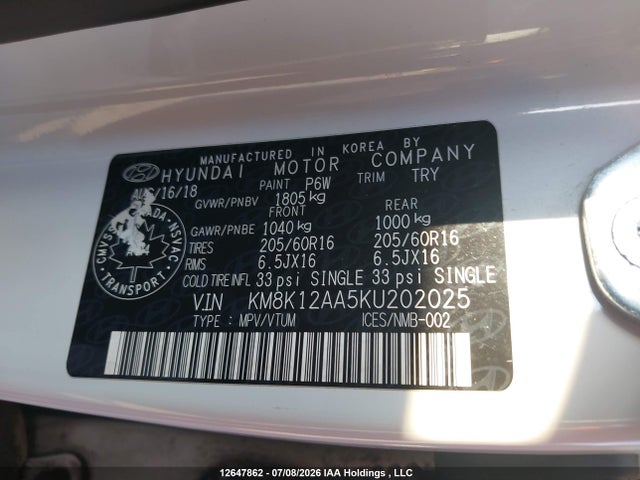 12647862 :رقم المزاد ، KM8K12AA5KU202025 vin ، 2019 Hyundai Kona 2.0l Essential مزاد بيع