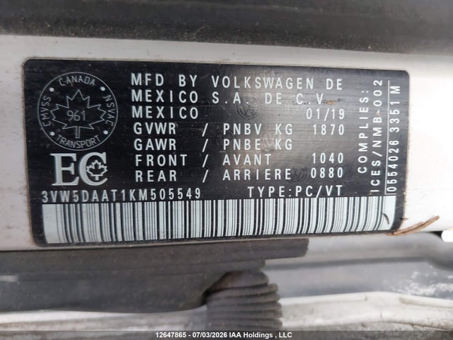 Aukcja sprzedaży 2019 Volkswagen Beetle Wolfsburg Edition, vin: 3VW5DAAT1KM505549, numer aukcji: 12647865