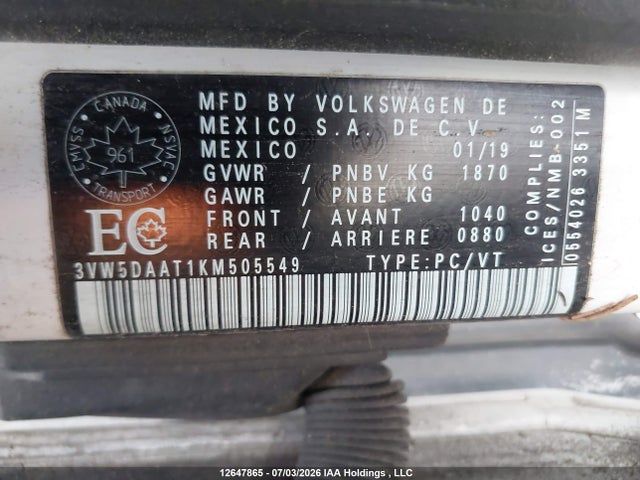 Aukcja sprzedaży 2019 Volkswagen Beetle Wolfsburg Edition, vin: 3VW5DAAT1KM505549, numer aukcji: 12647865