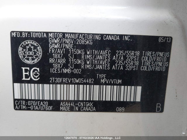 Продажа на аукционе авто 2013 Toyota Rav4 Limited, vin: 2T3DFREV1DW054482, номер лота: 12647870