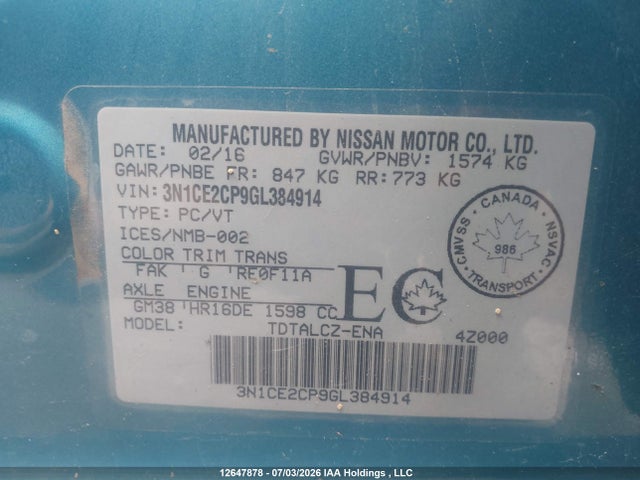 Nissan Versa Note S/s Plus/sv/sl/sr 2016 3N1CE2CP9GL384914 Image 8