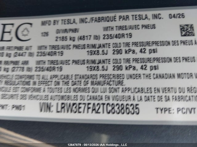 Tesla MODEL 3 2026 LRW3E7FA2TC838635 Image 9