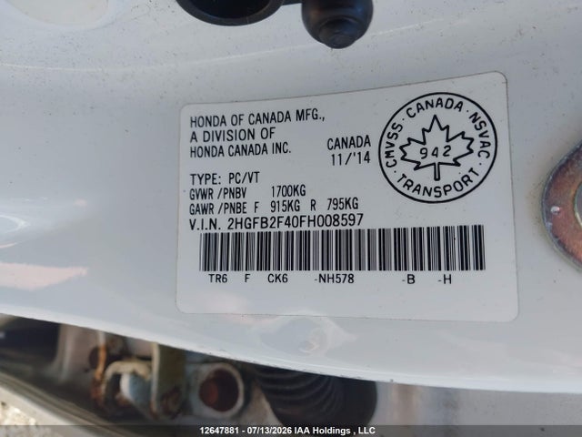 Honda Civic Lx 2015 2HGFB2F40FH008597 Image 9