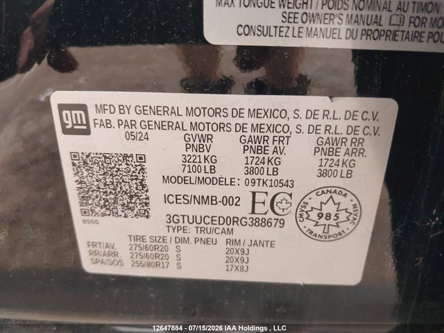 2024 Gmc Sierra 1500 მანქანა იყიდება აუქციონზე, vin: 3GTUUCED0RG388679, აუქციონის ნომერი: 12647884