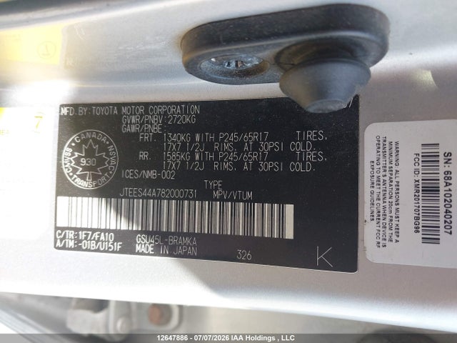 Aukcja sprzedaży 2008 Toyota Highlander Sr5, vin: JTEES44A782000731, numer aukcji: 12647886