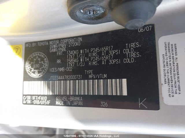Aukcja sprzedaży 2008 Toyota Highlander Sr5, vin: JTEES44A782000731, numer aukcji: 12647886