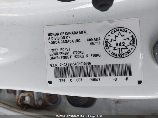 2012 Honda Civic მანქანა იყიდება აუქციონზე, vin: 2HGFB2F54CH010566, აუქციონის ნომერი: 12647893