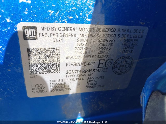 2025 Chevrolet Equinox Ev Lt მანქანა იყიდება აუქციონზე, vin: 3GN7DLRP4SS147753, აუქციონის ნომერი: 12647902