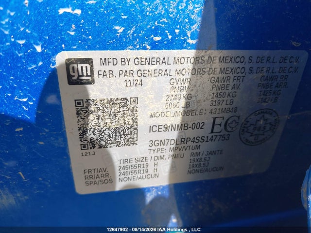 2025 Chevrolet Equinox Ev Lt მანქანა იყიდება აუქციონზე, vin: 3GN7DLRP4SS147753, აუქციონის ნომერი: 12647902