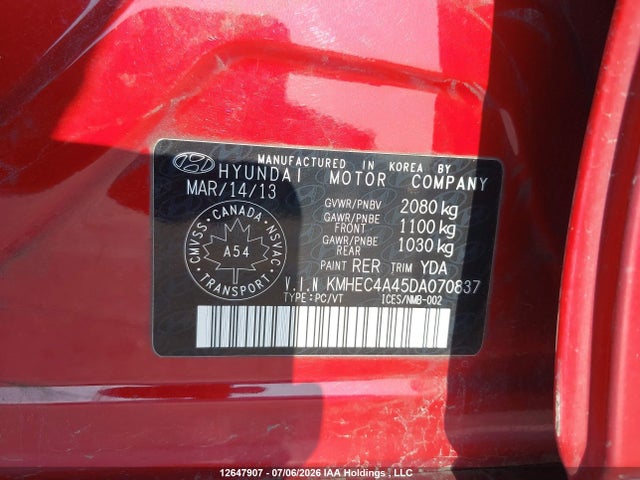 12647907 :رقم المزاد ، KMHEC4A45DA070837 vin ، 2013 Hyundai Sonata Hybrid Limited مزاد بيع
