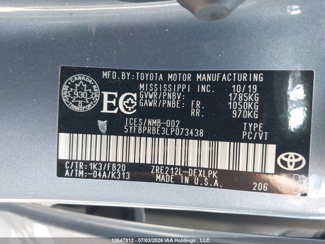 Продаж на аукціоні авто 2020 Toyota Corolla Le, vin: 5YFBPRBE3LP073438, номер лоту: 12647912