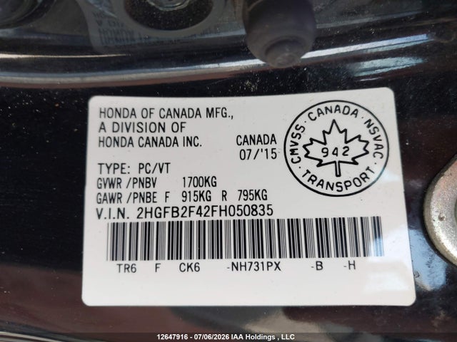 Honda Civic Lx 2015 2HGFB2F42FH050835 Image 9
