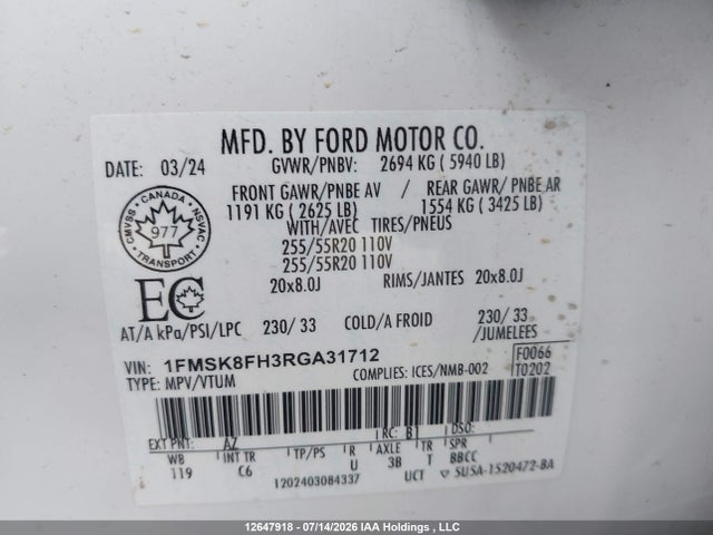 12647918 :رقم المزاد ، 1FMSK8FH3RGA31712 vin ، 2024 Ford Explorer Limited مزاد بيع