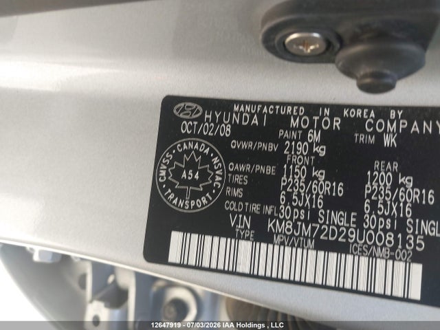2009 Hyundai Tucson Gl V6/limited მანქანა იყიდება აუქციონზე, vin: KM8JM72D29U008135, აუქციონის ნომერი: 12647919