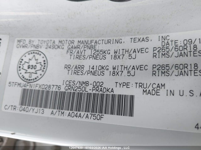 12647920 :رقم المزاد ، 5TFMU4FN1FX028776 vin ، 2015 Toyota Tacoma V6 مزاد بيع
