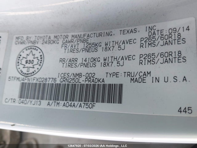 12647920 :رقم المزاد ، 5TFMU4FN1FX028776 vin ، 2015 Toyota Tacoma V6 مزاد بيع