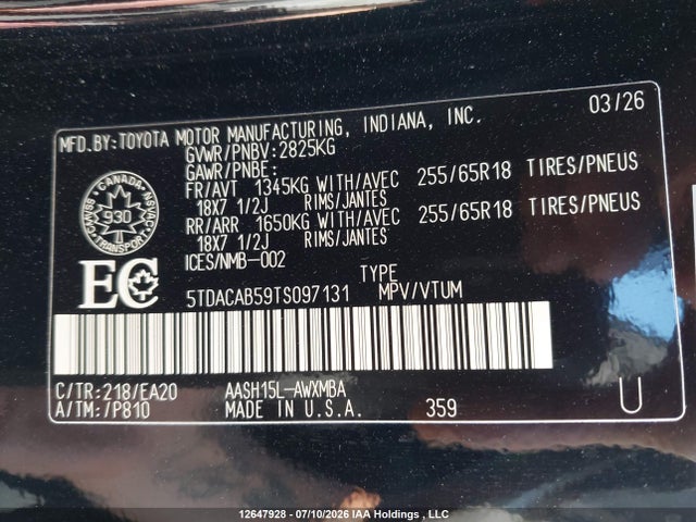 2026 Toyota Grand Highlander Hybrid Xle მანქანა იყიდება აუქციონზე, vin: 5TDACAB59TS097131, აუქციონის ნომერი: 12647928