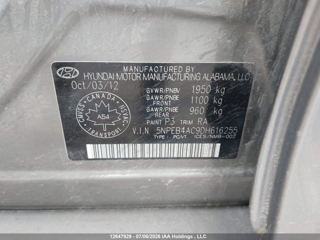 12647929 :رقم المزاد ، 5NPEB4AC9DH616255 vin ، 2013 Hyundai Sonata Gls مزاد بيع