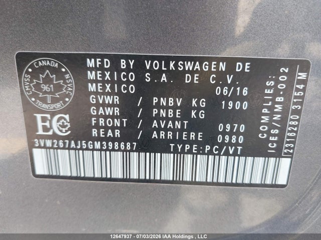 2016 Volkswagen Jetta 1.4 Tsi Trendline/1.4 Tsi Trendline+ მანქანა იყიდება აუქციონზე, vin: 3VW267AJ5GM398687, აუქციონის ნომერი: 12647937
