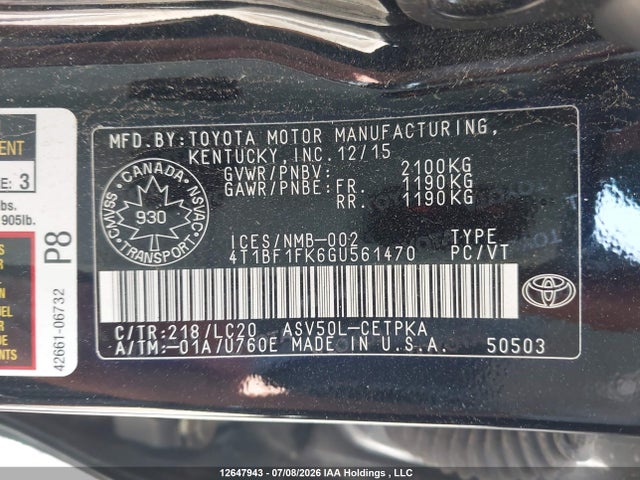Toyota CAMRY XSE 2016 4T1BF1FK6GU561470 Image 9