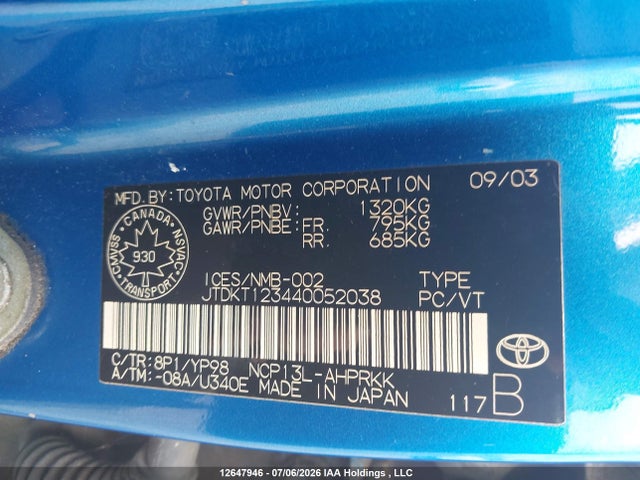 12647946 :رقم المزاد ، JTDKT123440052038 vin ، 2004 Toyota Echo Le مزاد بيع