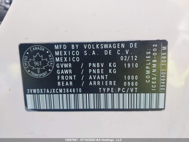 2012 Volkswagen Jetta 2.5l Comfortline/2.5l Sportline მანქანა იყიდება აუქციონზე, vin: 3VWDX7AJXCM384610, აუქციონის ნომერი: 12647947