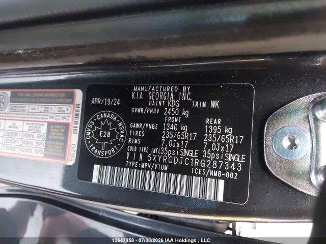 12647958 :رقم المزاد ، 5XYRGDJC1RG287343 vin ، 2024 Kia Sorento Lx مزاد بيع
